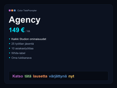 Color Teleprompter Agency — 149 € kuukaudessa, 25 jäsentä, 10 asiakastyötilaa, white-label