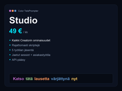 Color Teleprompter Studio — 49 € kuukaudessa, rajattomasti skriptejä, 5 jäsentä, jaetut sessiot, API-pääsy